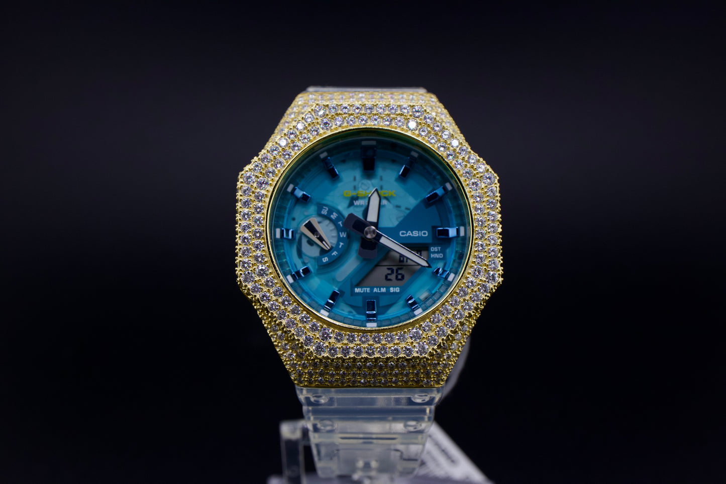 G-Shock Blue Ice – Custom Gold Iced-Out Bezel with Crystal Accents