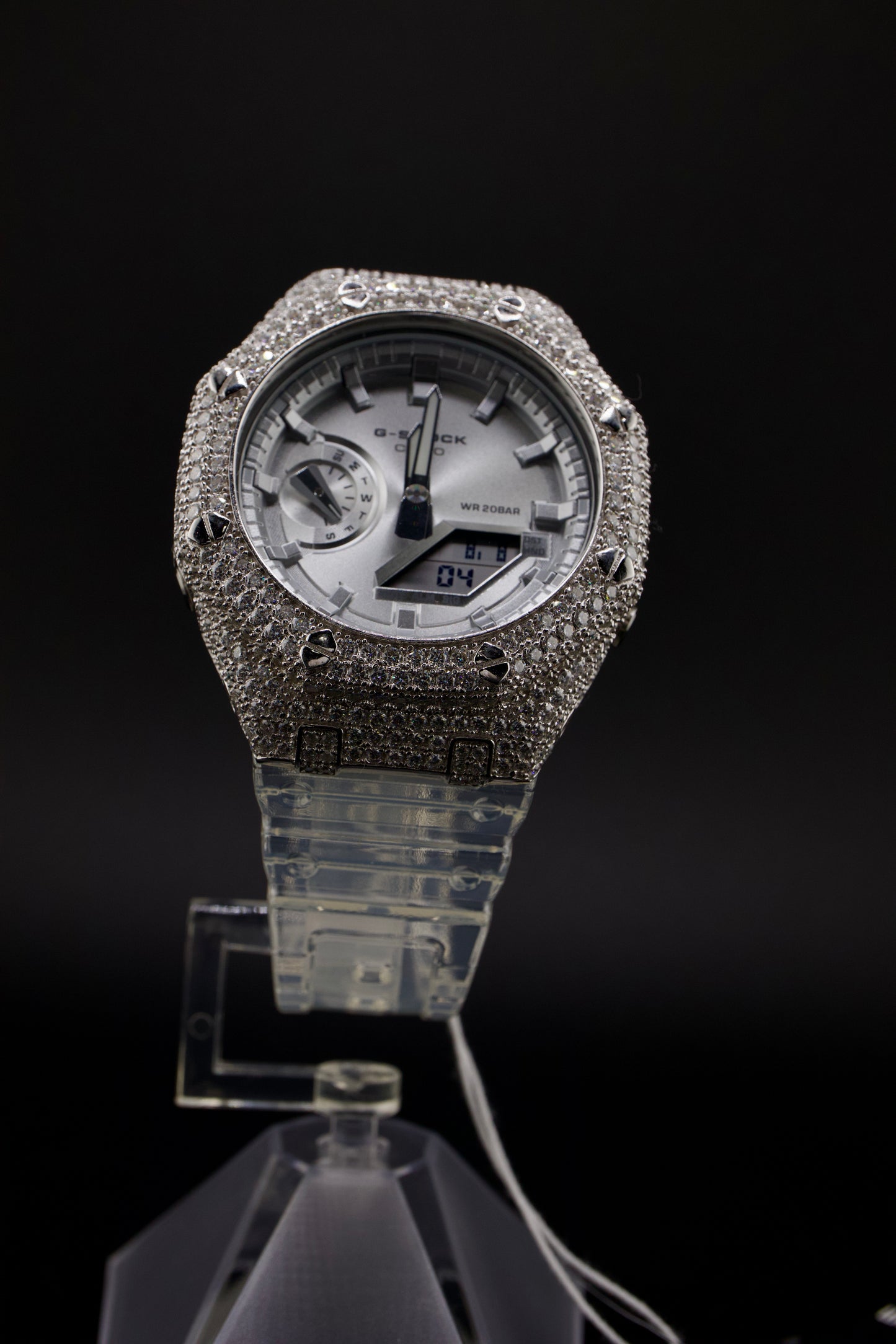 G-Shock Iced Out Silver Edition – Luxury Custom Bezel & Clear Strap