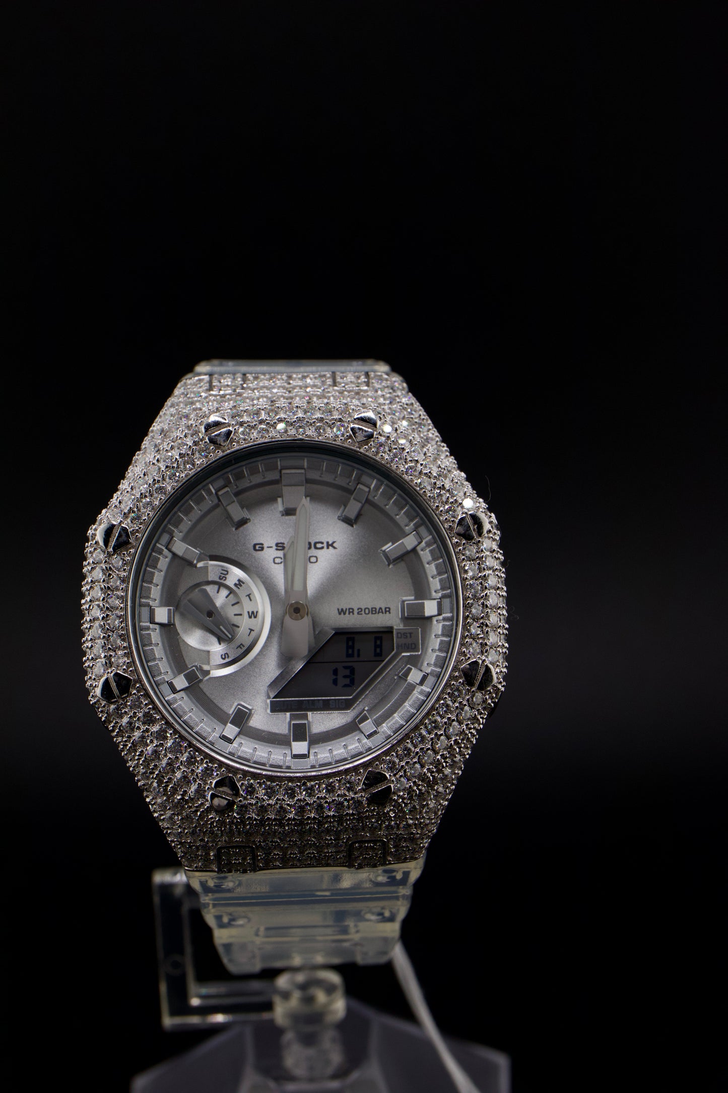 G-Shock Iced Out Silver Edition – Luxury Custom Bezel & Clear Strap