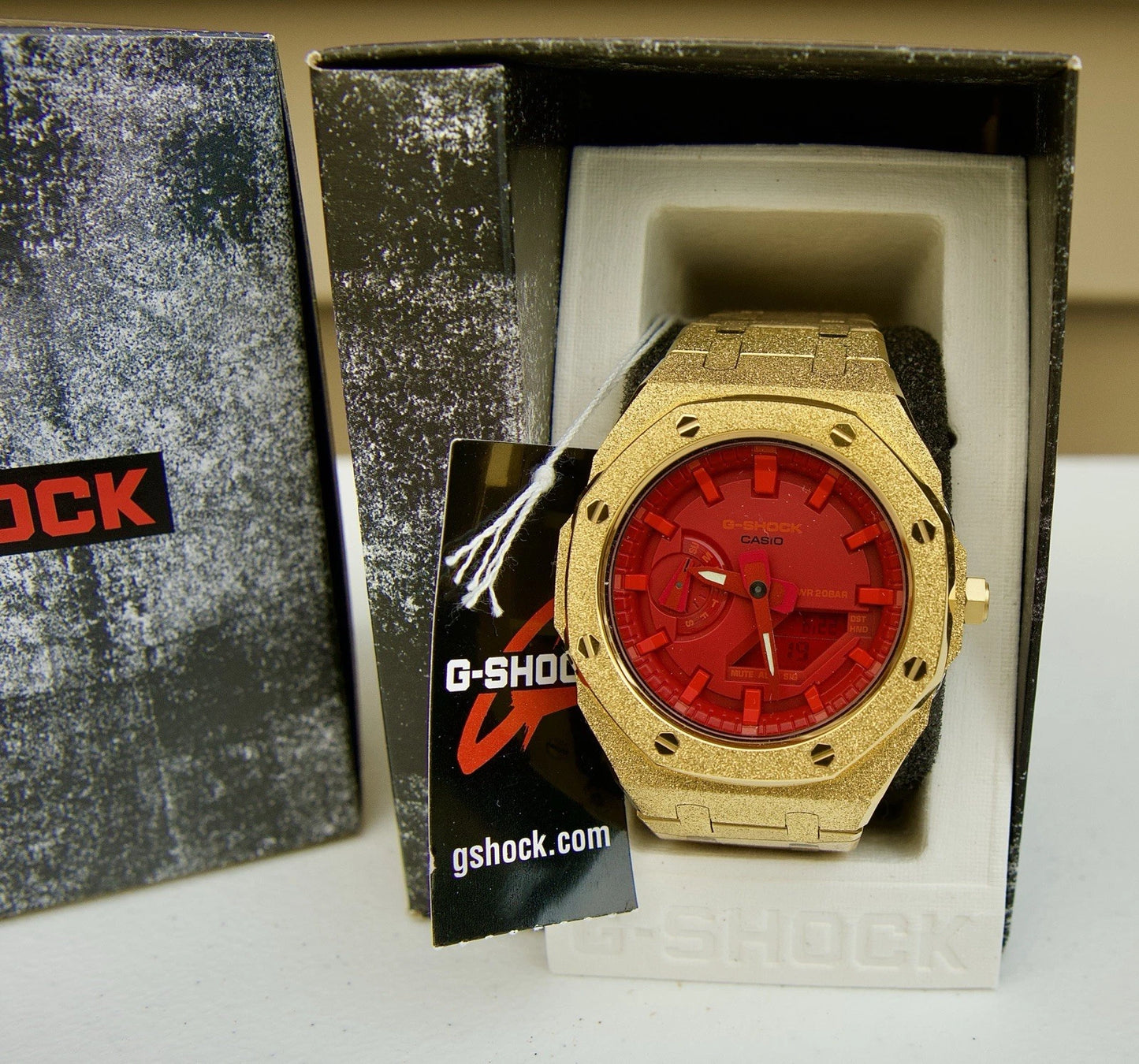 Custom G-Shock GA-2100 Mod – Gold Frosted Stainless Steel Case | Red Dial