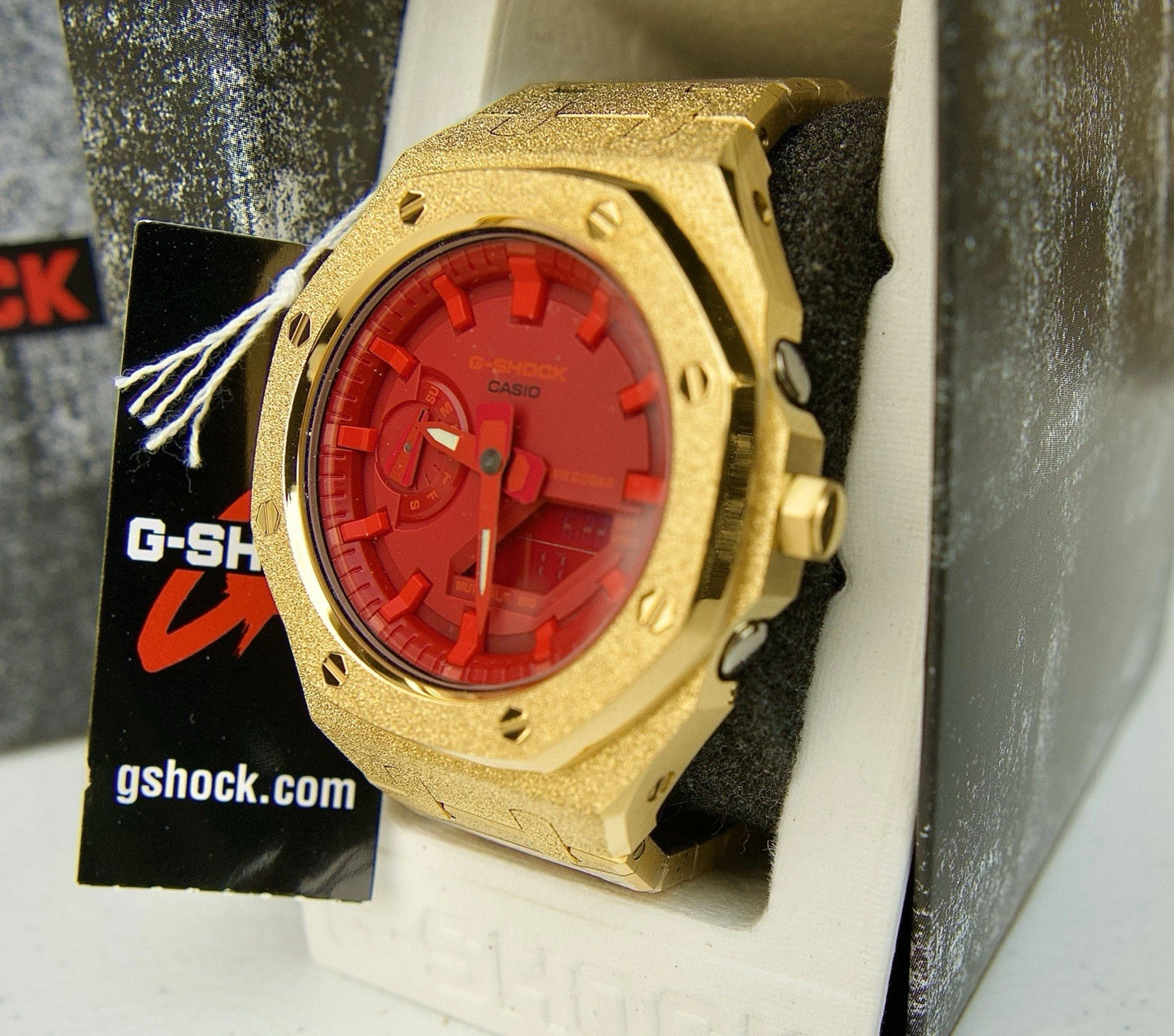 Custom G-Shock GA-2100 Mod – Gold Frosted Stainless Steel Case | Red Dial