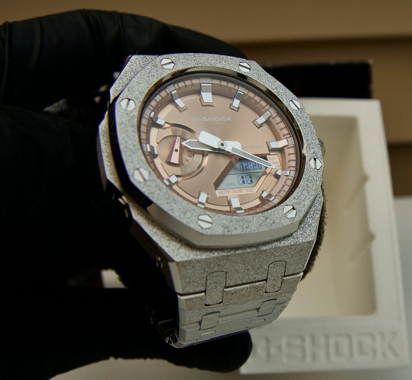Custom G-Shock GA-2100 Mod – Silver Stainless Steel Case | Sunset Dial