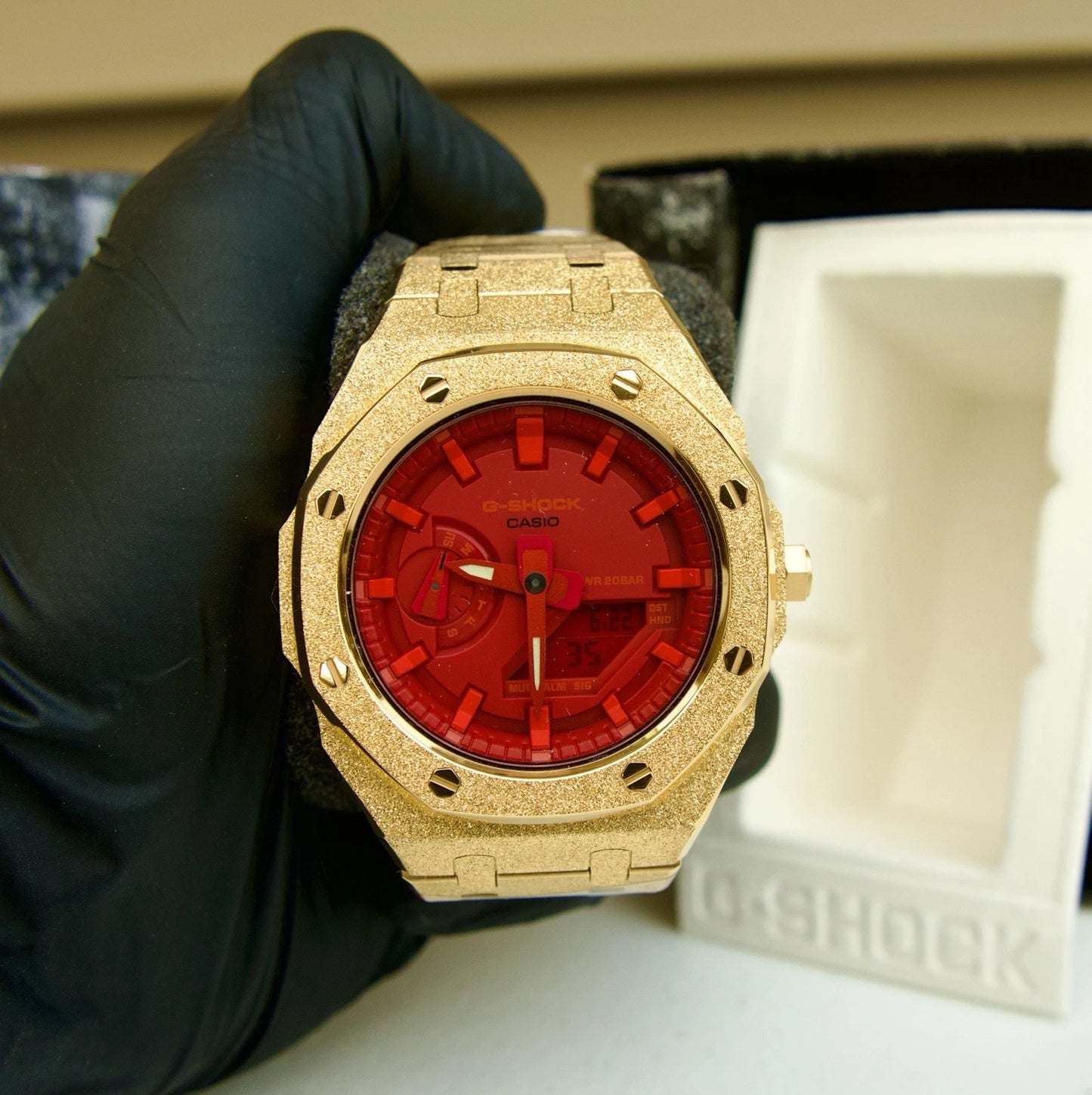 Custom G-Shock GA-2100 Mod – Gold Frosted Stainless Steel Case | Red Dial