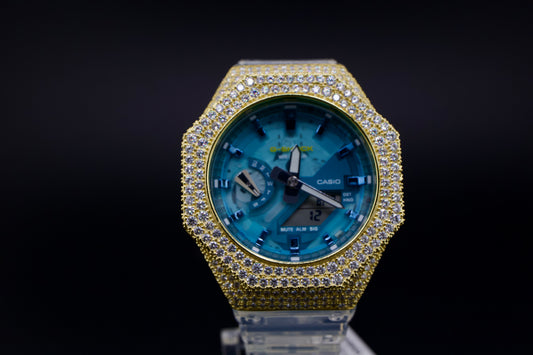 G-Shock Blue Ice – Custom Gold Iced-Out Bezel with Crystal Accents