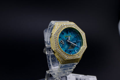 G-Shock Blue Ice – Custom Gold Iced-Out Bezel with Crystal Accents