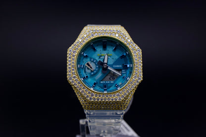 G-Shock Blue Ice – Custom Gold Iced-Out Bezel with Crystal Accents