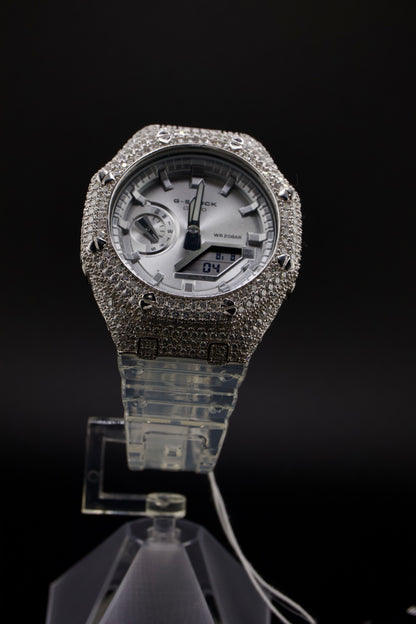 G-Shock Iced Out Silver Edition – Luxury Custom Bezel & Clear Strap