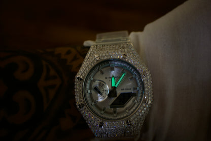 G-Shock Iced Out Silver Edition – Luxury Custom Bezel & Clear Strap