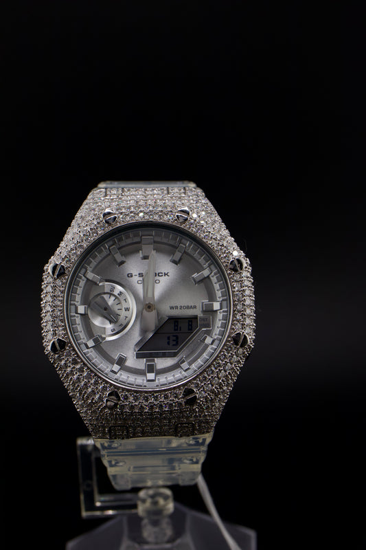 G-Shock Iced Out Silver Edition – Luxury Custom Bezel & Clear Strap