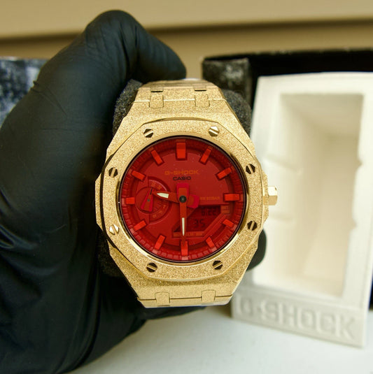 Custom G-Shock GA-2100 Mod – Gold Frosted Stainless Steel Case | Red Dial