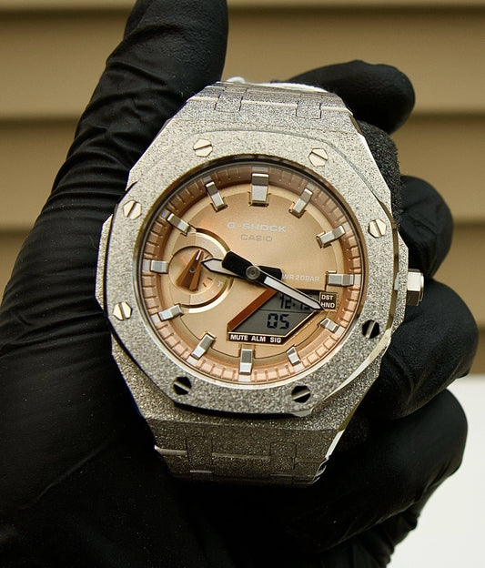 Custom G-Shock GA-2100 Mod – Silver Stainless Steel Case | Sunset Dial